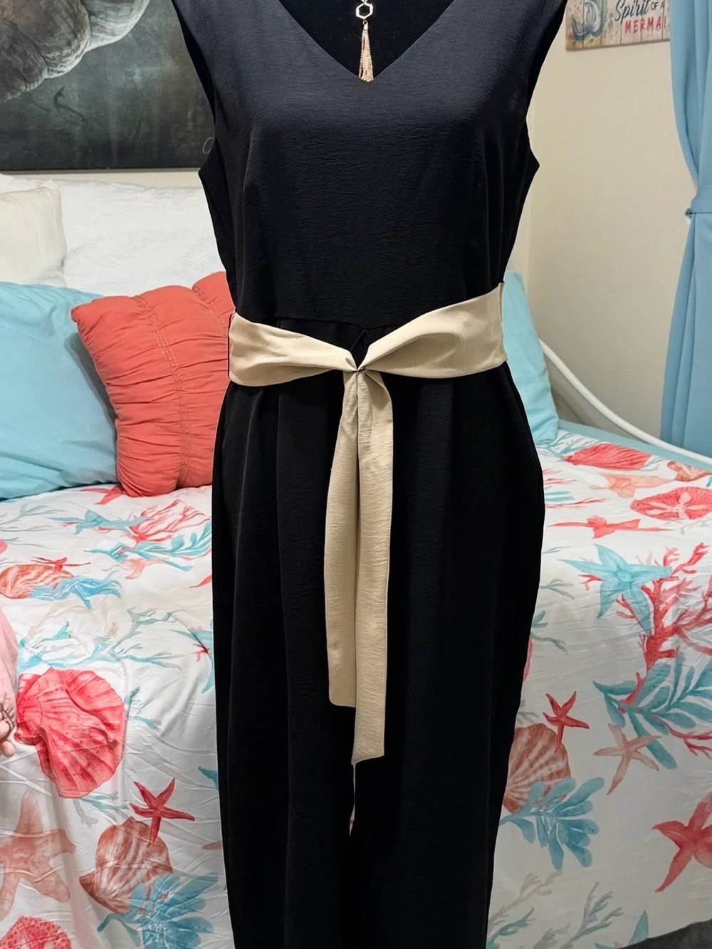 Black Sleeveless Jumpsuit with Cream Waist Tie